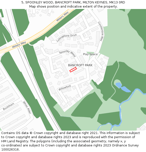 5, SPOONLEY WOOD, BANCROFT PARK, MILTON KEYNES, MK13 0RD: Location map and indicative extent of plot