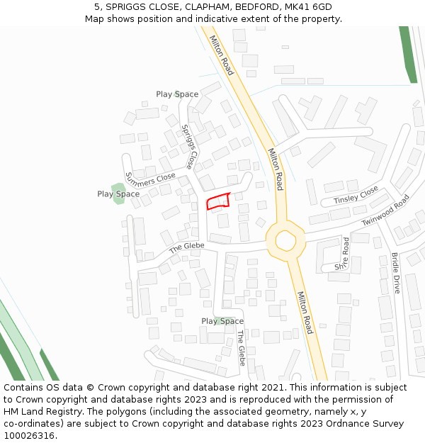 5, SPRIGGS CLOSE, CLAPHAM, BEDFORD, MK41 6GD: Location map and indicative extent of plot