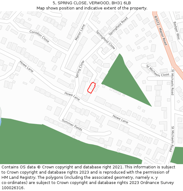 5, SPRING CLOSE, VERWOOD, BH31 6LB: Location map and indicative extent of plot