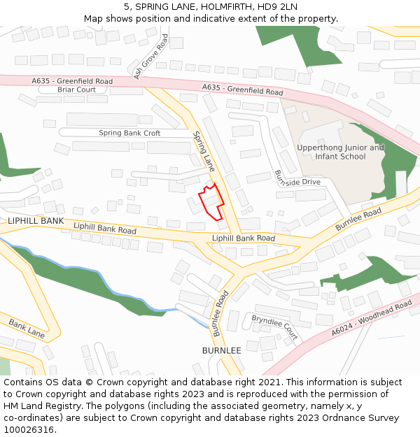 5, SPRING LANE, HOLMFIRTH, HD9 2LN: Location map and indicative extent of plot