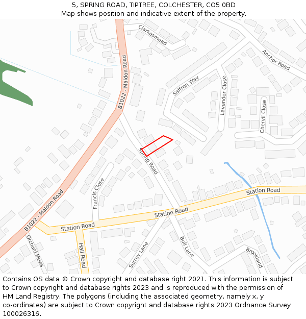 5, SPRING ROAD, TIPTREE, COLCHESTER, CO5 0BD: Location map and indicative extent of plot