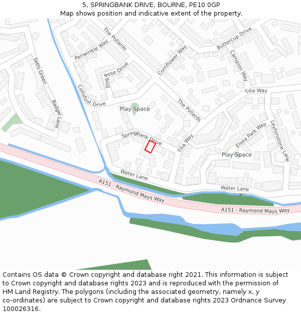 5, SPRINGBANK DRIVE, BOURNE, PE10 0GP: Location map and indicative extent of plot