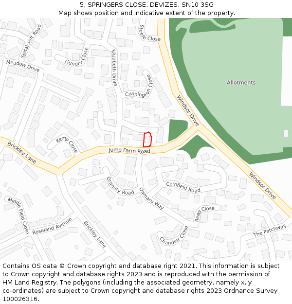 5, SPRINGERS CLOSE, DEVIZES, SN10 3SG: Location map and indicative extent of plot