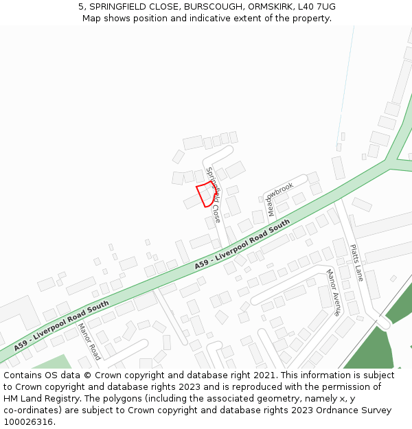 5, SPRINGFIELD CLOSE, BURSCOUGH, ORMSKIRK, L40 7UG: Location map and indicative extent of plot