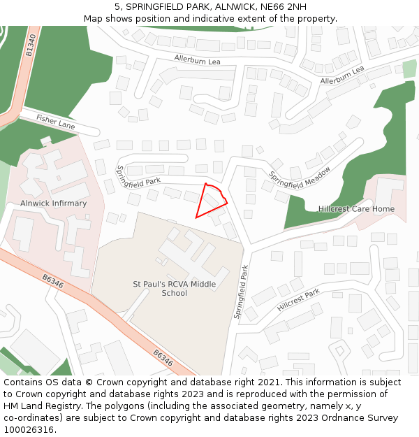 5, SPRINGFIELD PARK, ALNWICK, NE66 2NH: Location map and indicative extent of plot