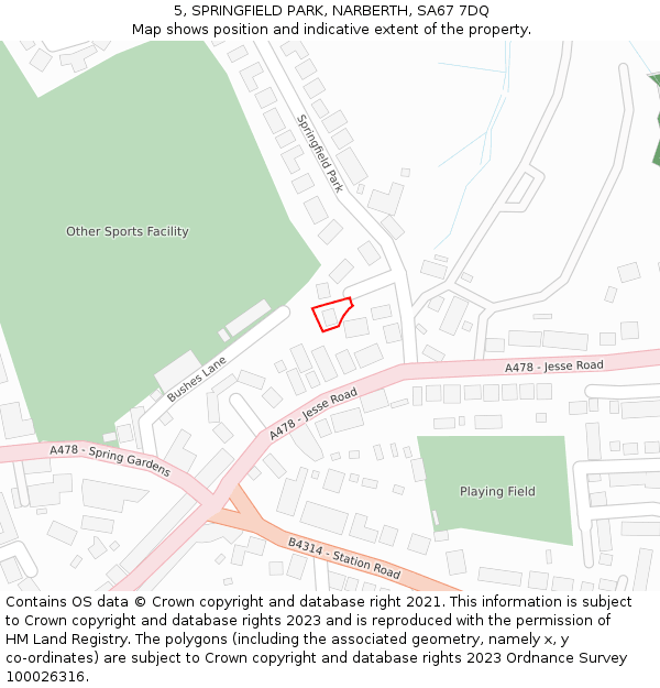 5, SPRINGFIELD PARK, NARBERTH, SA67 7DQ: Location map and indicative extent of plot