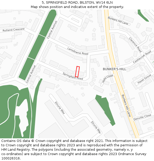 5, SPRINGFIELD ROAD, BILSTON, WV14 6LN: Location map and indicative extent of plot