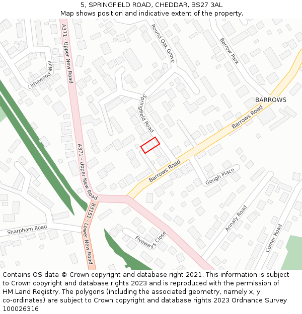 5, SPRINGFIELD ROAD, CHEDDAR, BS27 3AL: Location map and indicative extent of plot