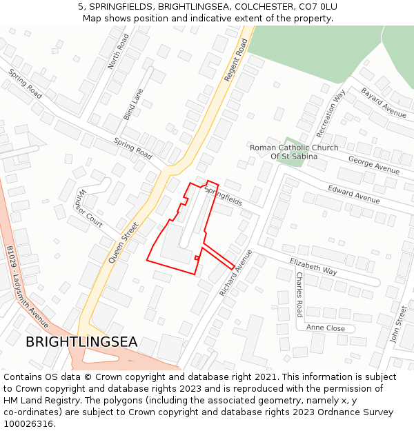 5, SPRINGFIELDS, BRIGHTLINGSEA, COLCHESTER, CO7 0LU: Location map and indicative extent of plot