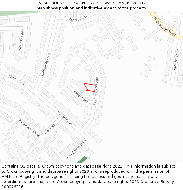 5, SPURDENS CRESCENT, NORTH WALSHAM, NR28 9JD: Location map and indicative extent of plot