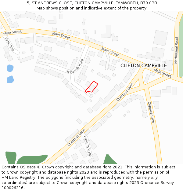 5, ST ANDREWS CLOSE, CLIFTON CAMPVILLE, TAMWORTH, B79 0BB: Location map and indicative extent of plot