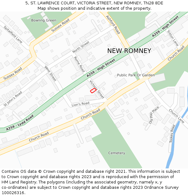 5, ST. LAWRENCE COURT, VICTORIA STREET, NEW ROMNEY, TN28 8DE: Location map and indicative extent of plot