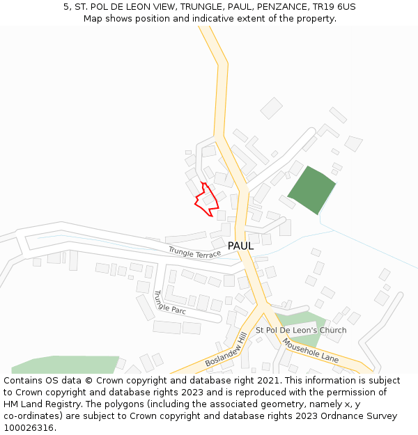 5, ST. POL DE LEON VIEW, TRUNGLE, PAUL, PENZANCE, TR19 6US: Location map and indicative extent of plot