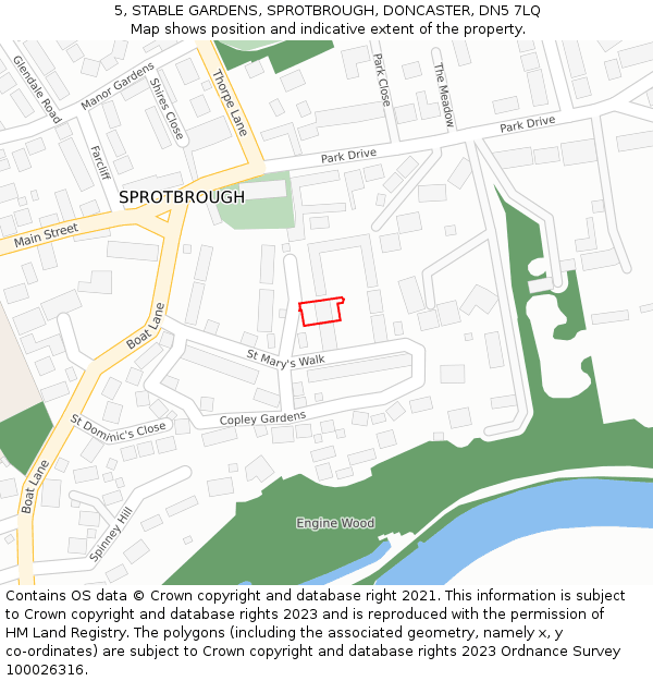 5, STABLE GARDENS, SPROTBROUGH, DONCASTER, DN5 7LQ: Location map and indicative extent of plot