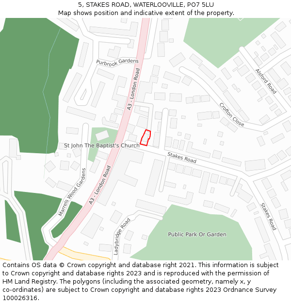 5, STAKES ROAD, WATERLOOVILLE, PO7 5LU: Location map and indicative extent of plot