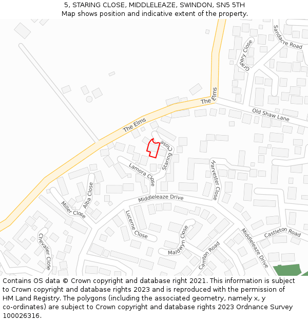 5, STARING CLOSE, MIDDLELEAZE, SWINDON, SN5 5TH: Location map and indicative extent of plot