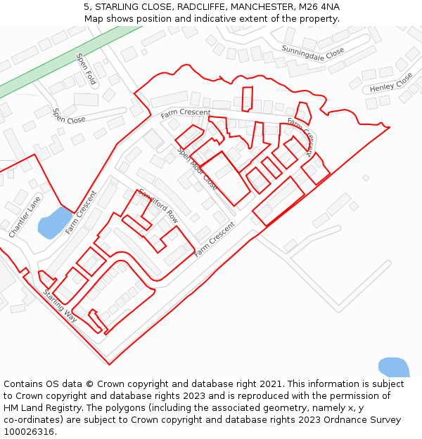 5, STARLING CLOSE, RADCLIFFE, MANCHESTER, M26 4NA: Location map and indicative extent of plot