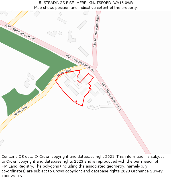 5, STEADINGS RISE, MERE, KNUTSFORD, WA16 0WB: Location map and indicative extent of plot