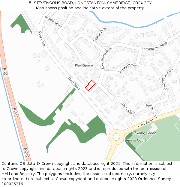5, STEVENSONS ROAD, LONGSTANTON, CAMBRIDGE, CB24 3GY: Location map and indicative extent of plot