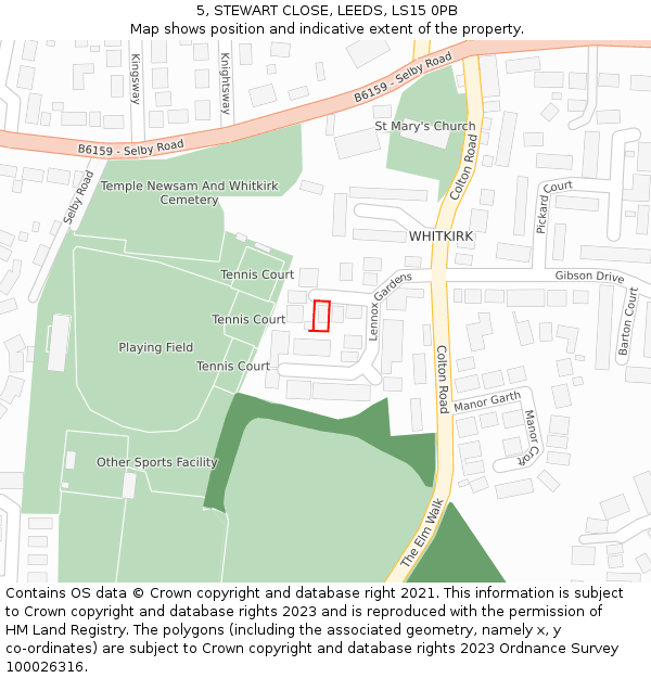 5, STEWART CLOSE, LEEDS, LS15 0PB: Location map and indicative extent of plot