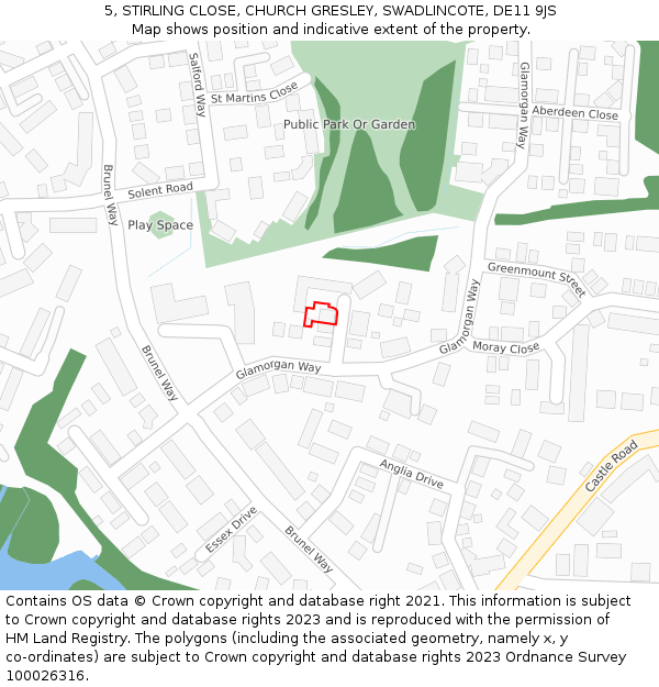 5, STIRLING CLOSE, CHURCH GRESLEY, SWADLINCOTE, DE11 9JS: Location map and indicative extent of plot