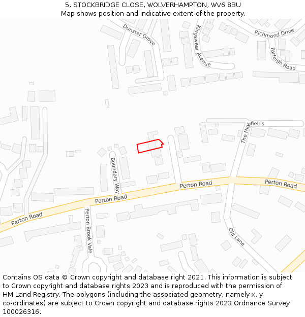 5, STOCKBRIDGE CLOSE, WOLVERHAMPTON, WV6 8BU: Location map and indicative extent of plot