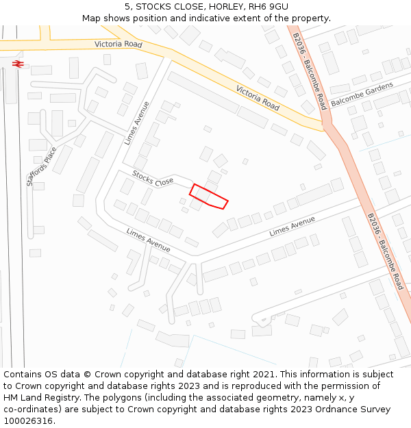 5, STOCKS CLOSE, HORLEY, RH6 9GU: Location map and indicative extent of plot