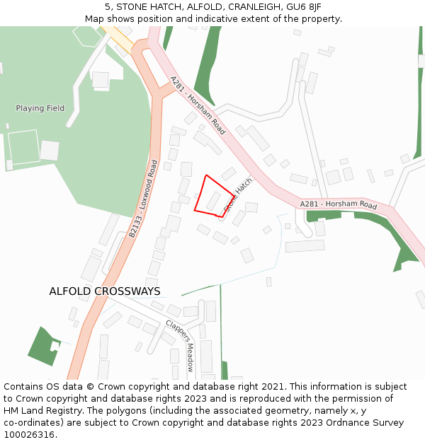 5, STONE HATCH, ALFOLD, CRANLEIGH, GU6 8JF: Location map and indicative extent of plot