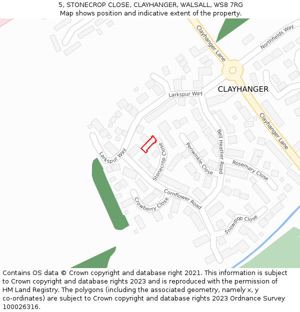 5, STONECROP CLOSE, CLAYHANGER, WALSALL, WS8 7RG: Location map and indicative extent of plot