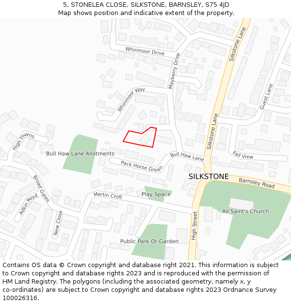 5, STONELEA CLOSE, SILKSTONE, BARNSLEY, S75 4JD: Location map and indicative extent of plot