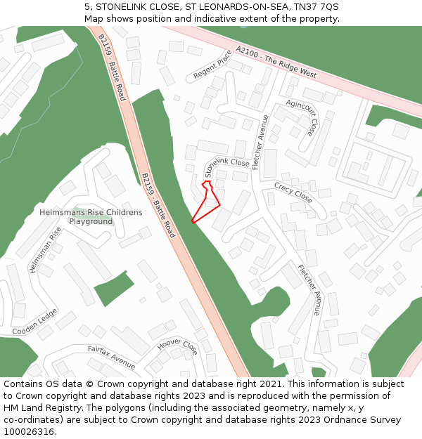 5, STONELINK CLOSE, ST LEONARDS-ON-SEA, TN37 7QS: Location map and indicative extent of plot
