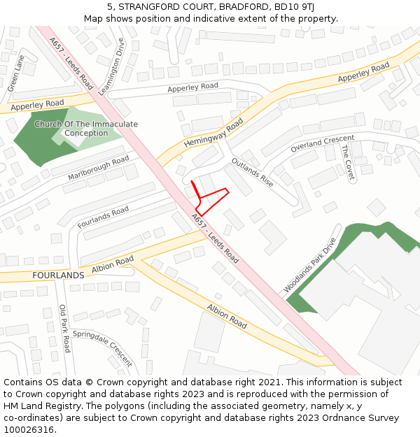 5, STRANGFORD COURT, BRADFORD, BD10 9TJ: Location map and indicative extent of plot