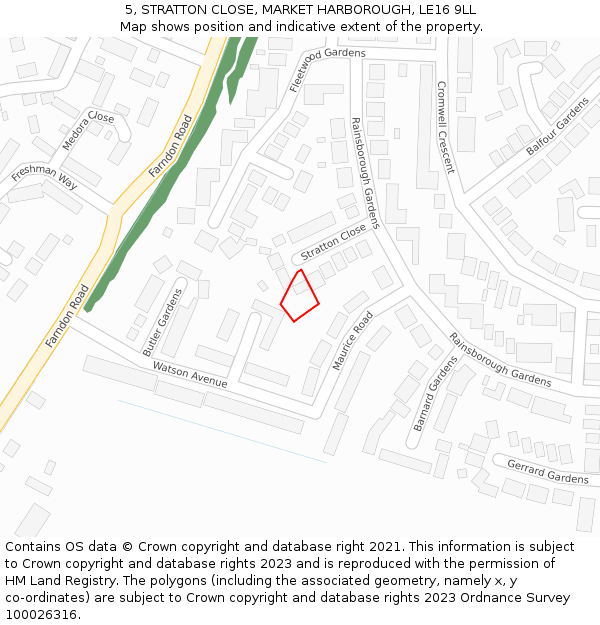 5, STRATTON CLOSE, MARKET HARBOROUGH, LE16 9LL: Location map and indicative extent of plot