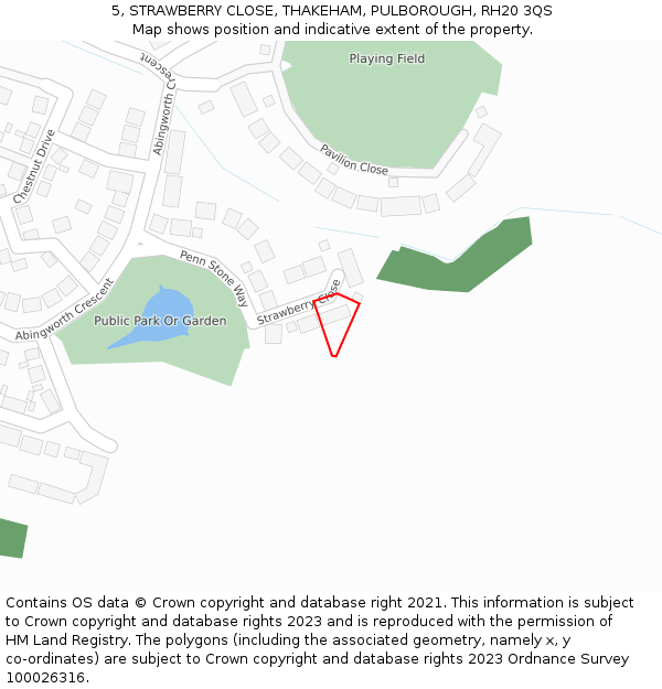 5, STRAWBERRY CLOSE, THAKEHAM, PULBOROUGH, RH20 3QS: Location map and indicative extent of plot