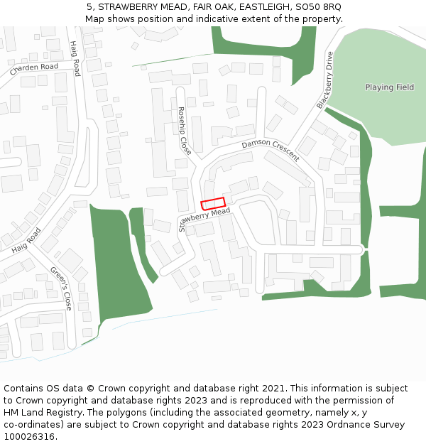 5, STRAWBERRY MEAD, FAIR OAK, EASTLEIGH, SO50 8RQ: Location map and indicative extent of plot