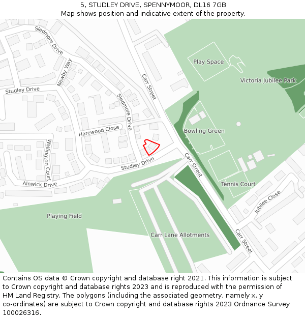 5, STUDLEY DRIVE, SPENNYMOOR, DL16 7GB: Location map and indicative extent of plot