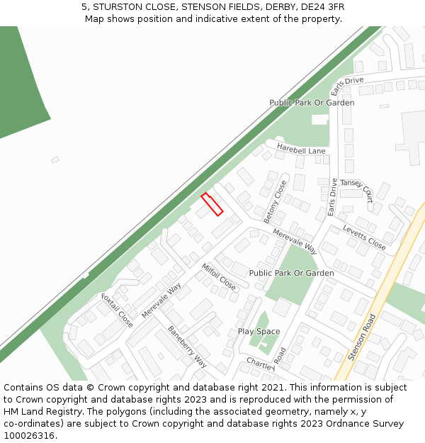 5, STURSTON CLOSE, STENSON FIELDS, DERBY, DE24 3FR: Location map and indicative extent of plot