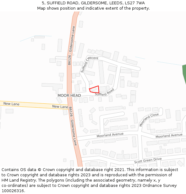 5, SUFFIELD ROAD, GILDERSOME, LEEDS, LS27 7WA: Location map and indicative extent of plot