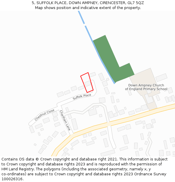 5, SUFFOLK PLACE, DOWN AMPNEY, CIRENCESTER, GL7 5QZ: Location map and indicative extent of plot