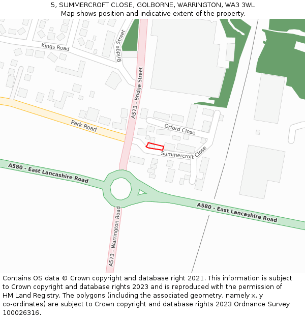 5, SUMMERCROFT CLOSE, GOLBORNE, WARRINGTON, WA3 3WL: Location map and indicative extent of plot