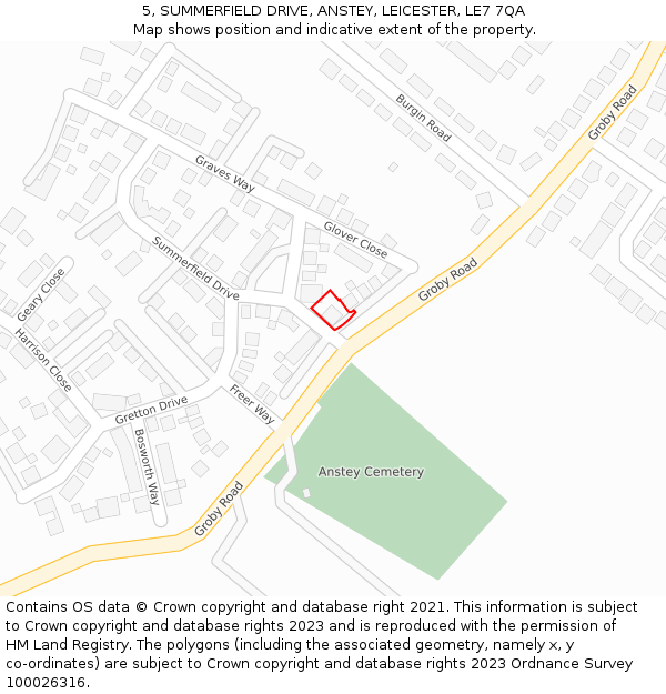 5, SUMMERFIELD DRIVE, ANSTEY, LEICESTER, LE7 7QA: Location map and indicative extent of plot