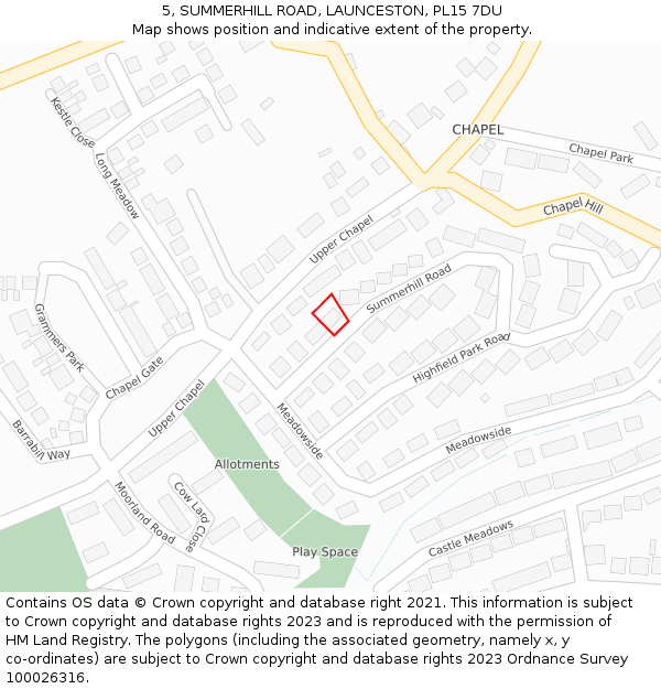 5, SUMMERHILL ROAD, LAUNCESTON, PL15 7DU: Location map and indicative extent of plot