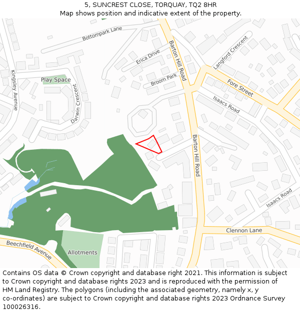 5, SUNCREST CLOSE, TORQUAY, TQ2 8HR: Location map and indicative extent of plot