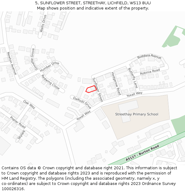 5, SUNFLOWER STREET, STREETHAY, LICHFIELD, WS13 8UU: Location map and indicative extent of plot