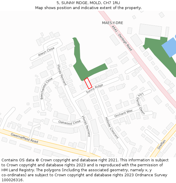 5, SUNNY RIDGE, MOLD, CH7 1RU: Location map and indicative extent of plot