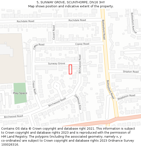5, SUNWAY GROVE, SCUNTHORPE, DN16 3HY: Location map and indicative extent of plot