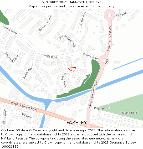 5, SURREY DRIVE, TAMWORTH, B78 3XB: Location map and indicative extent of plot