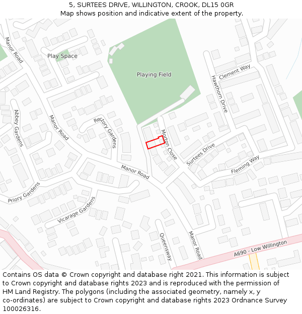 5, SURTEES DRIVE, WILLINGTON, CROOK, DL15 0GR: Location map and indicative extent of plot