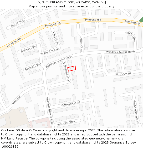 5, SUTHERLAND CLOSE, WARWICK, CV34 5UJ: Location map and indicative extent of plot