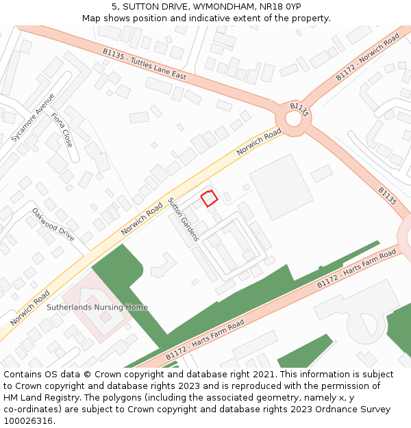 5, SUTTON DRIVE, WYMONDHAM, NR18 0YP: Location map and indicative extent of plot